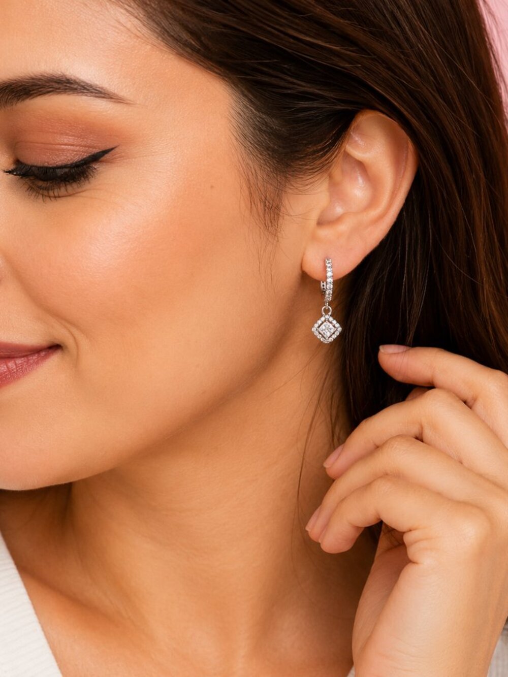 Dangle Hoop Earrings 925 Sterling Silver CZ Drop Minimalist Diamond Earrings